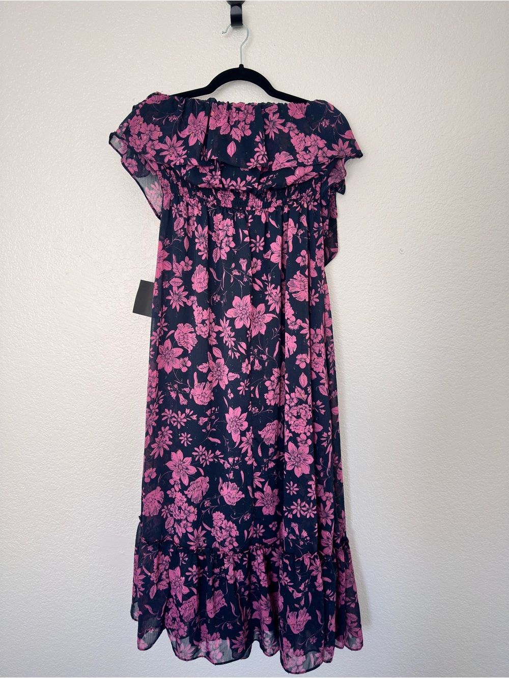 Lulu's Off the Shoulder Maxi Dress in Navy Blue with Pink Floral Print - Picture 3 of 7